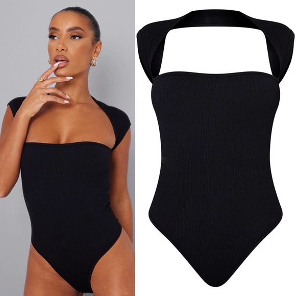 PrettyLittleThing Tops - PrettyLittleThing Black Snatched Rib Cut Out Short Sleeve Bodysuit